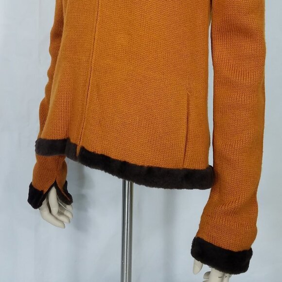 Carlisle burnt orange full zip 100% Merino wool cardigan faux fur trim Small - Picture 7 of 10